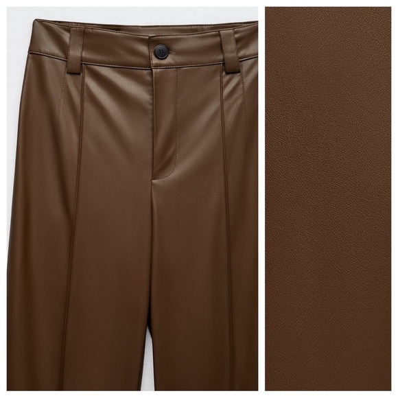 NWT. Zara BrownFaux Leather Francoise Full Length Trousers. Size XS. - Picture 4 of 10